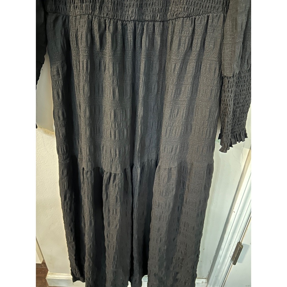 Fashion Womens Black Smocked Tiered Midi Dress Long Sleeve Textured Large NEW - Picture 6 of 15